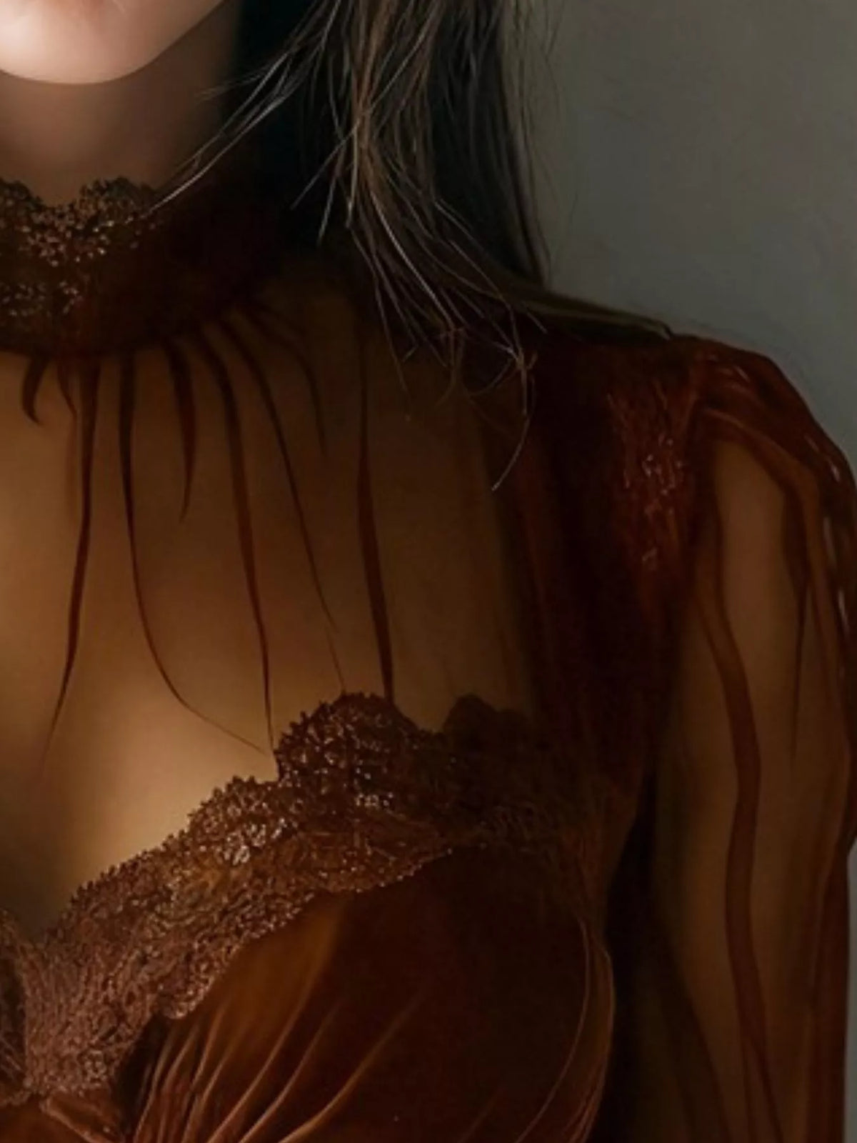 Lace Trim Velvet Sheer Sleeve Blouse – Seraya Label Halloween Edit