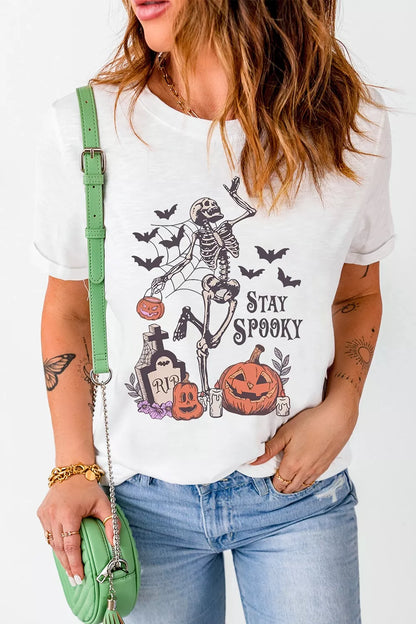 Full Size Skull Pumpkin Face STAY SPOOKY Graphic Halloween T-Shirt Plus Size – Seraya Label Halloween Edit