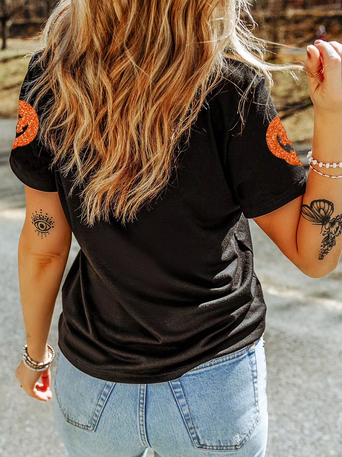 Glittering Pumpkin Face Crew-Neck Halloween T-Shirt – Seraya Label Halloween Edit