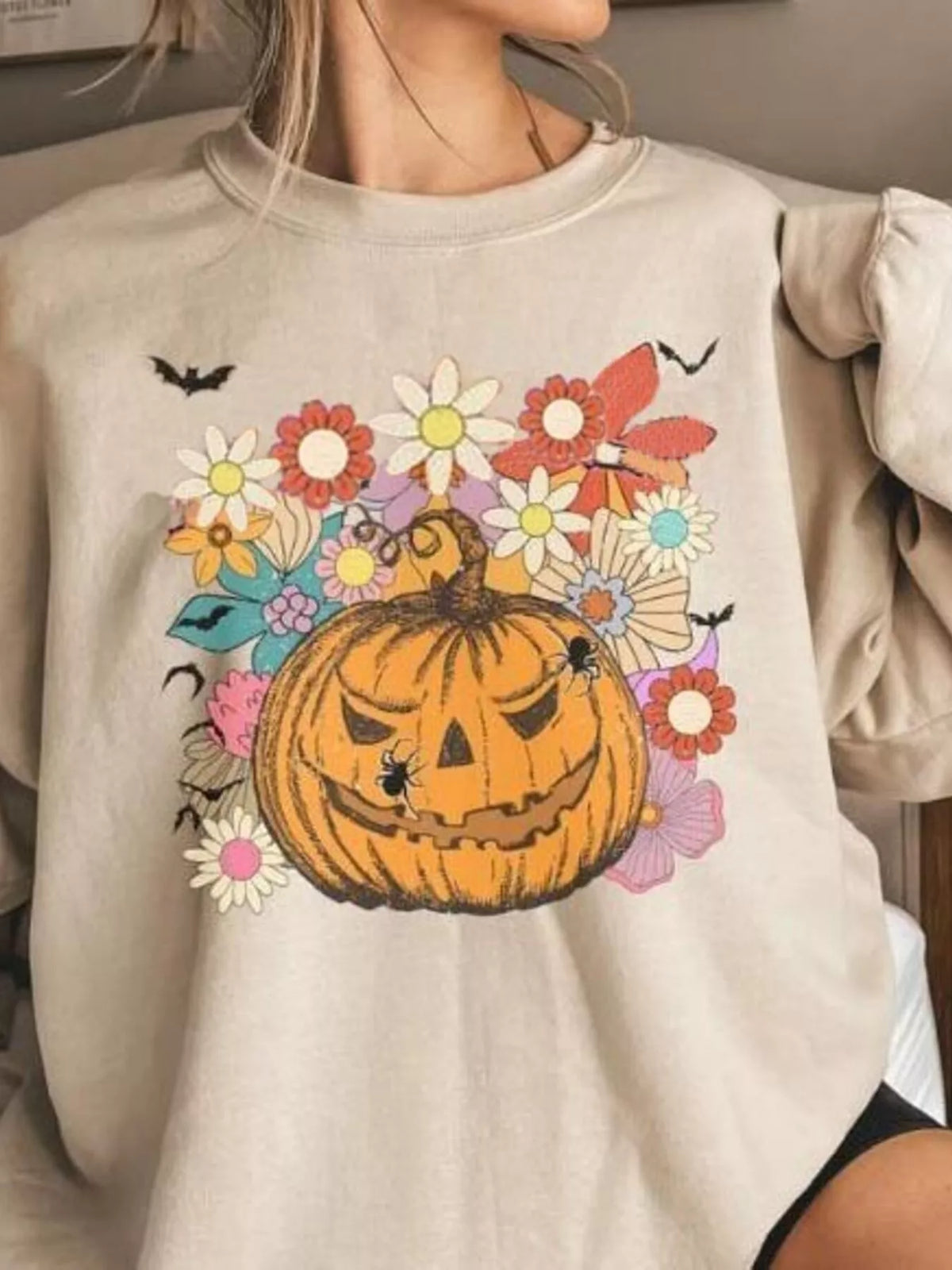 Halloween Pumpkin Floral Round Neck Sweatshirt – Seraya Label Halloween Edit