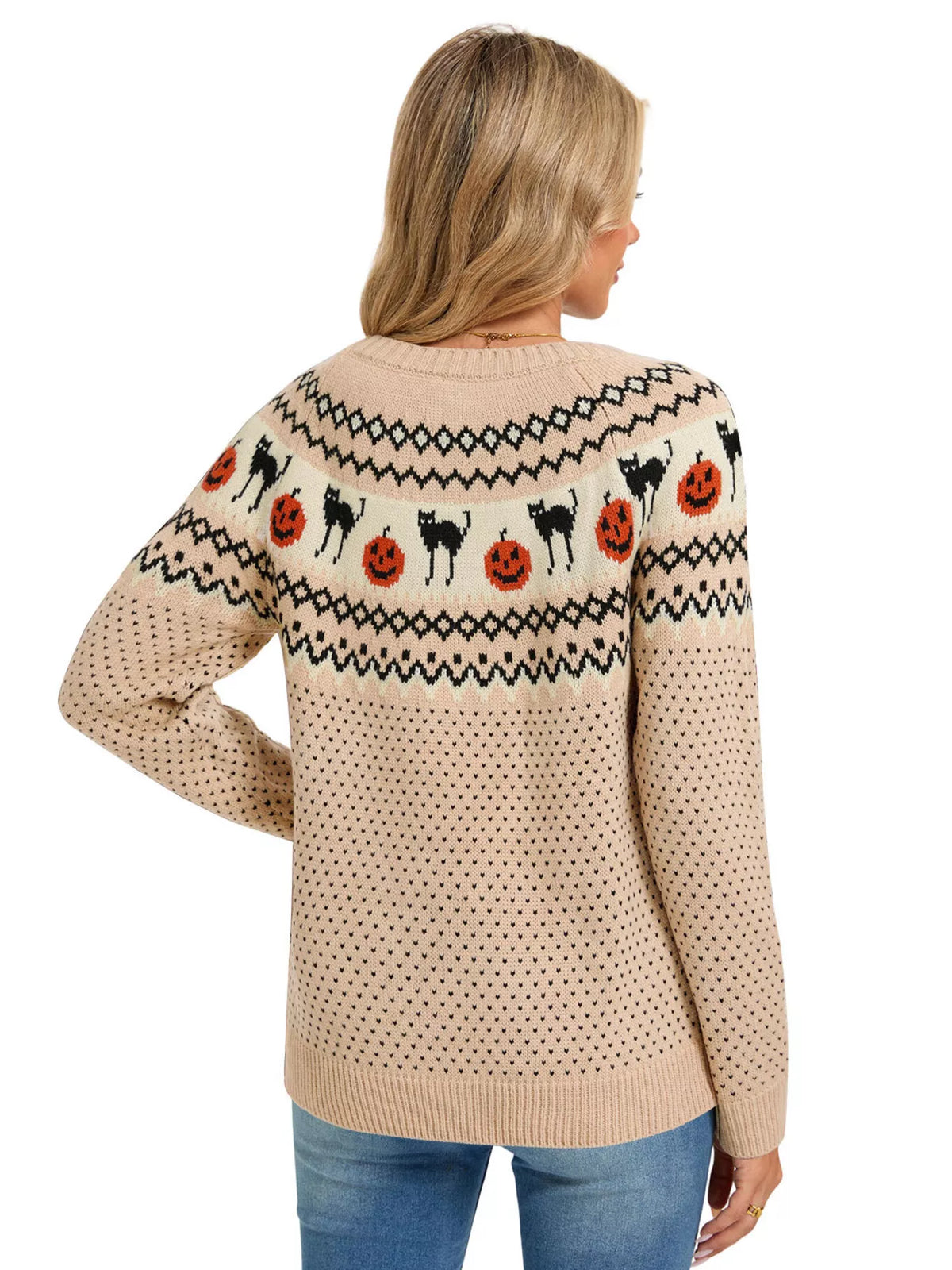 Halloween Pumpkin and Cat Pattern Knit Round Neck Sweater – Seraya Label Halloween Edit