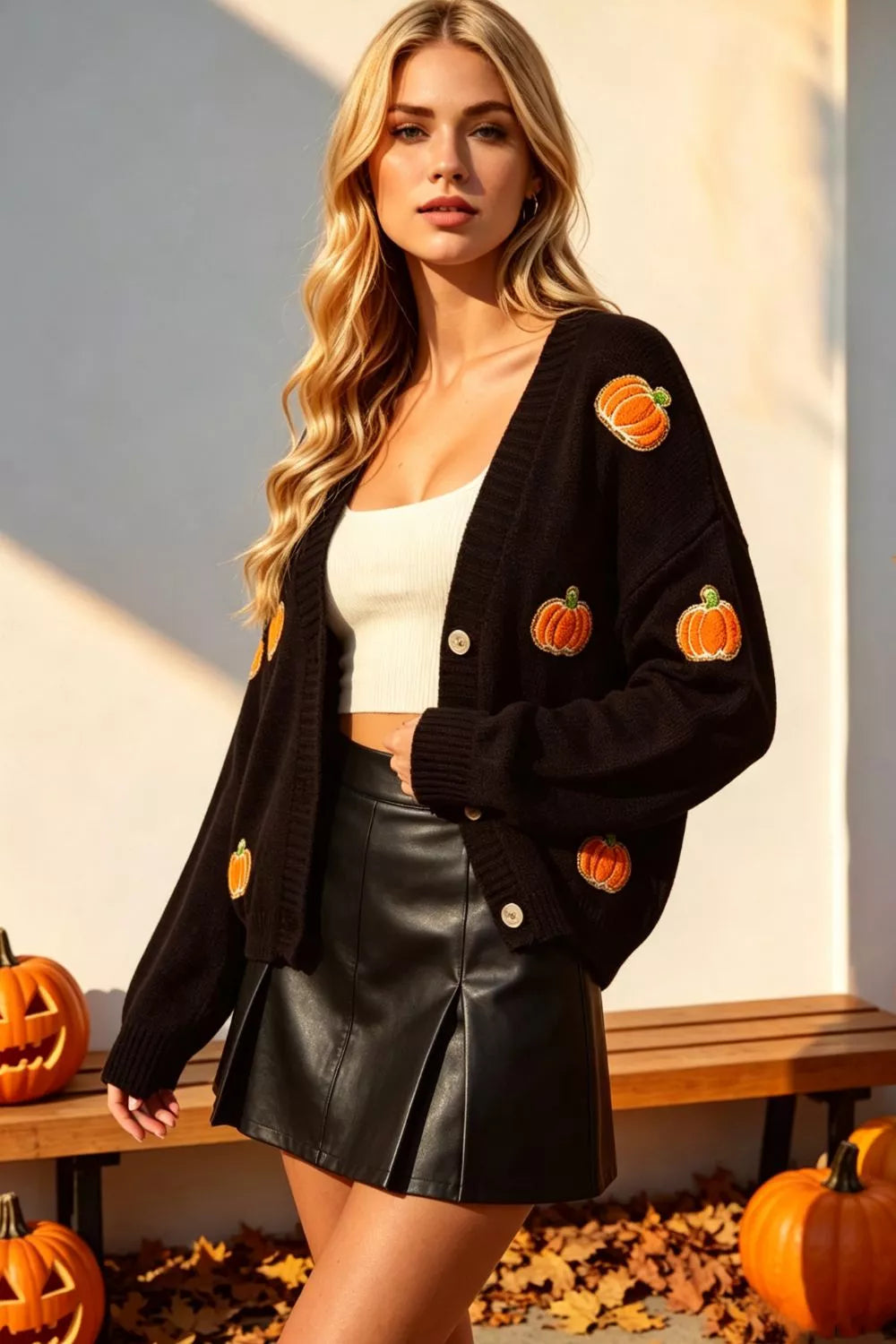 Double Take Full Size Pumpkin Button Up Long Sleeve Cardigan Plus Size – Seraya Label Halloween Edit