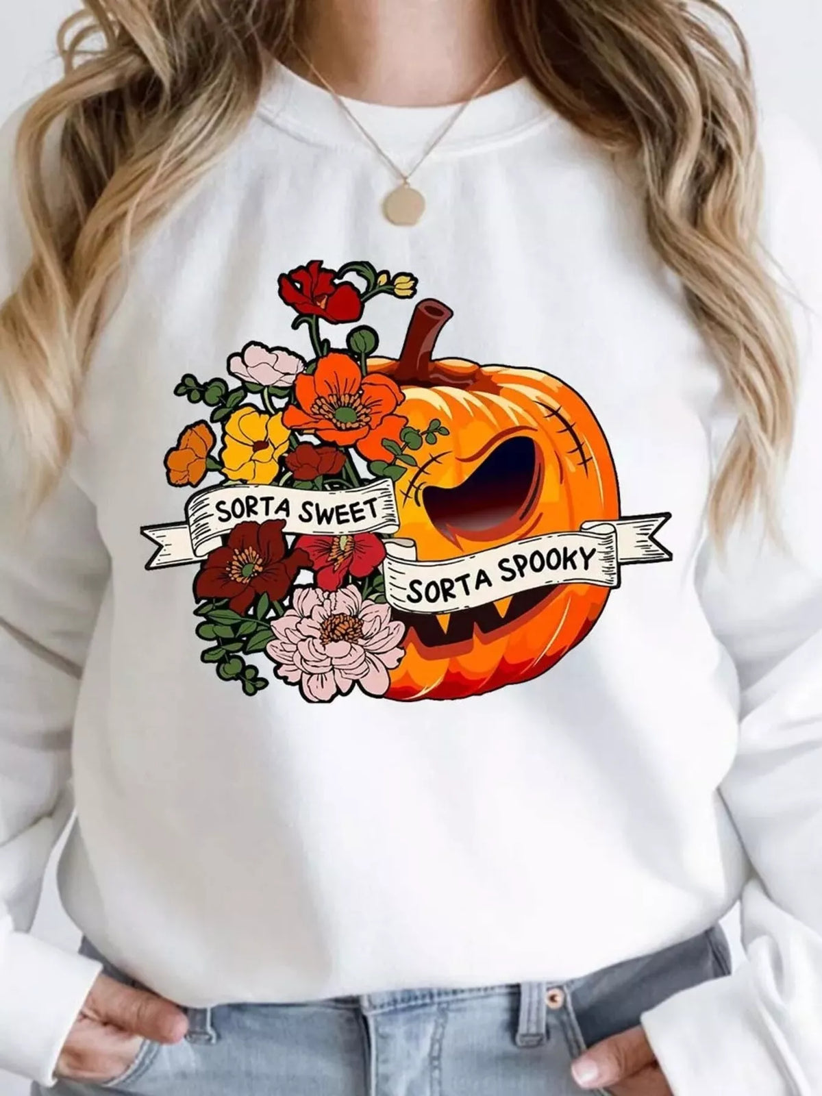 Halloween Pumpkin Floral Round Neck Sweatshirt – Seraya Label Halloween Edit