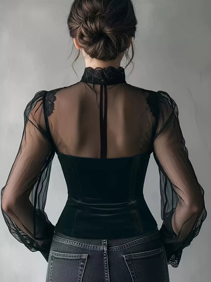 Lace Trim Velvet Sheer Sleeve Blouse – Seraya Label Halloween Edit