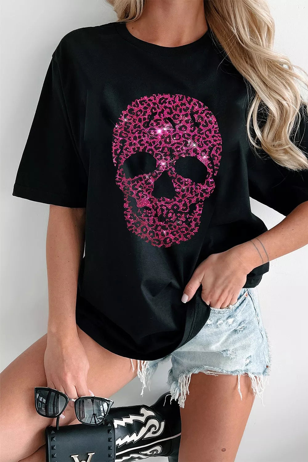 Rhinestone Skull Graphic Crew Neck T-Shirt – Seraya Label Halloween Edit
