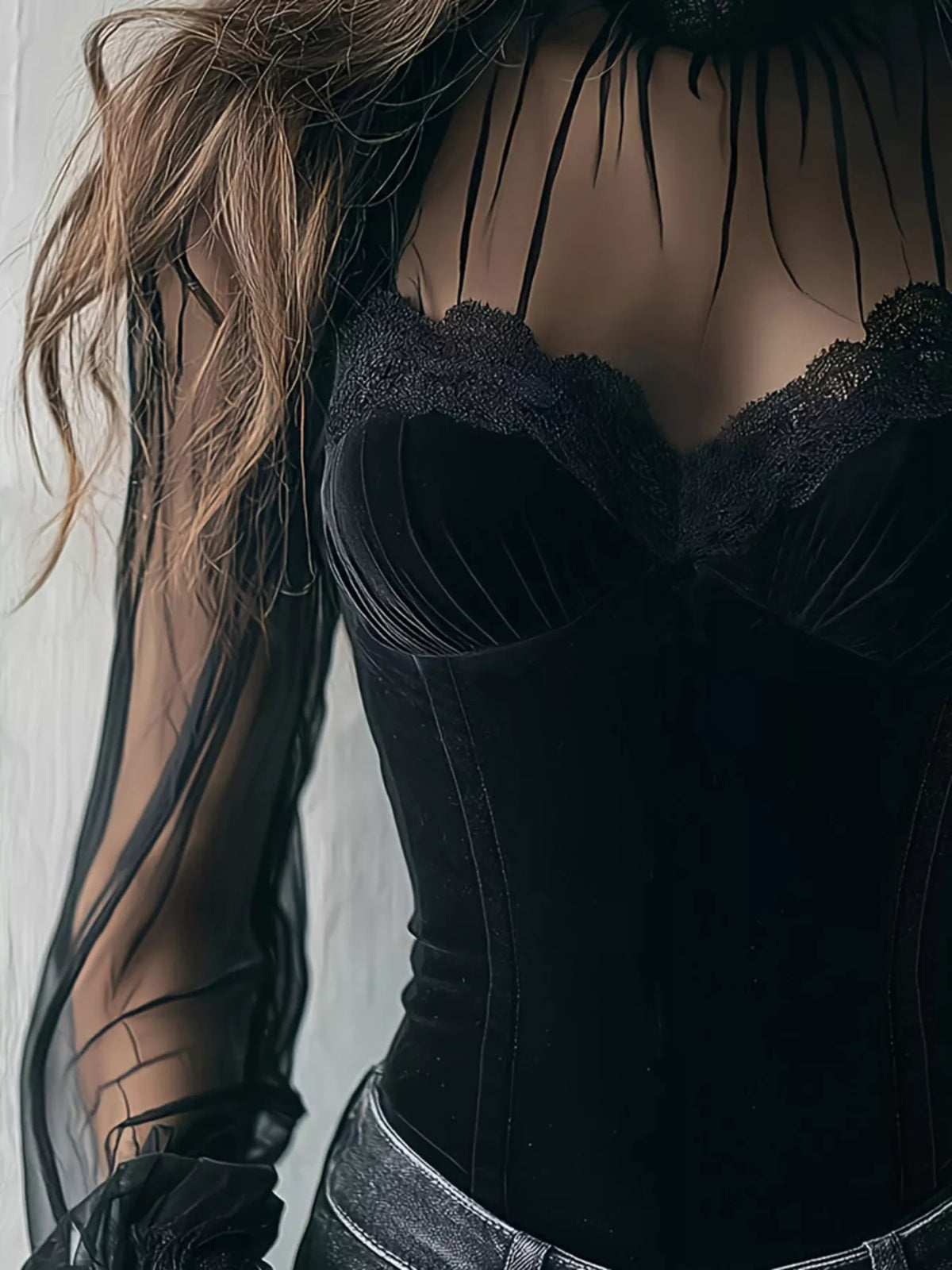 Lace Trim Velvet Sheer Sleeve Blouse – Seraya Label Halloween Edit