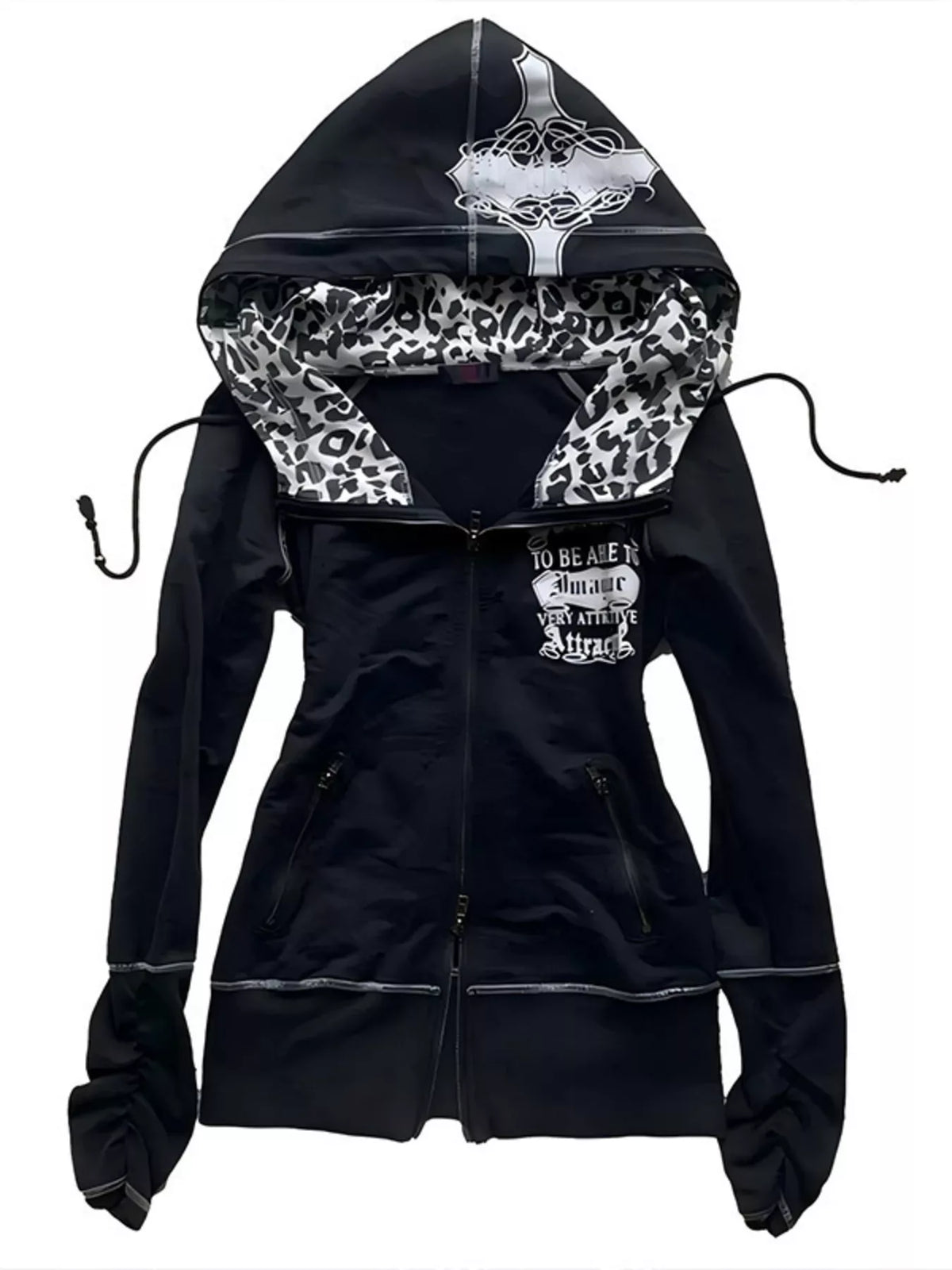 Gothic Cross Leopard Lined Zip-Up Hoodie – Seraya Label Halloween Edit