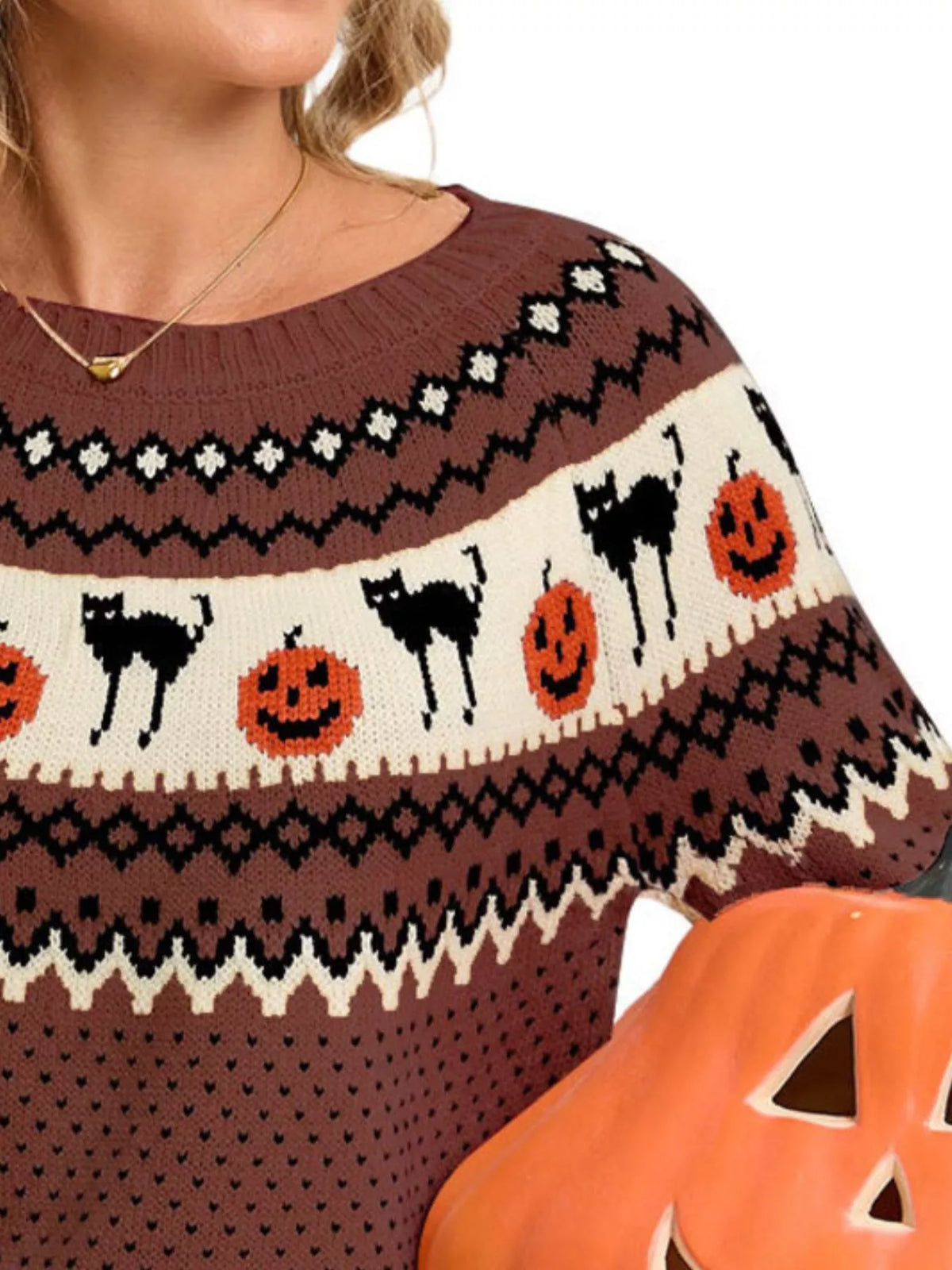Halloween Pumpkin and Cat Pattern Knit Round Neck Sweater – Seraya Label Halloween Edit