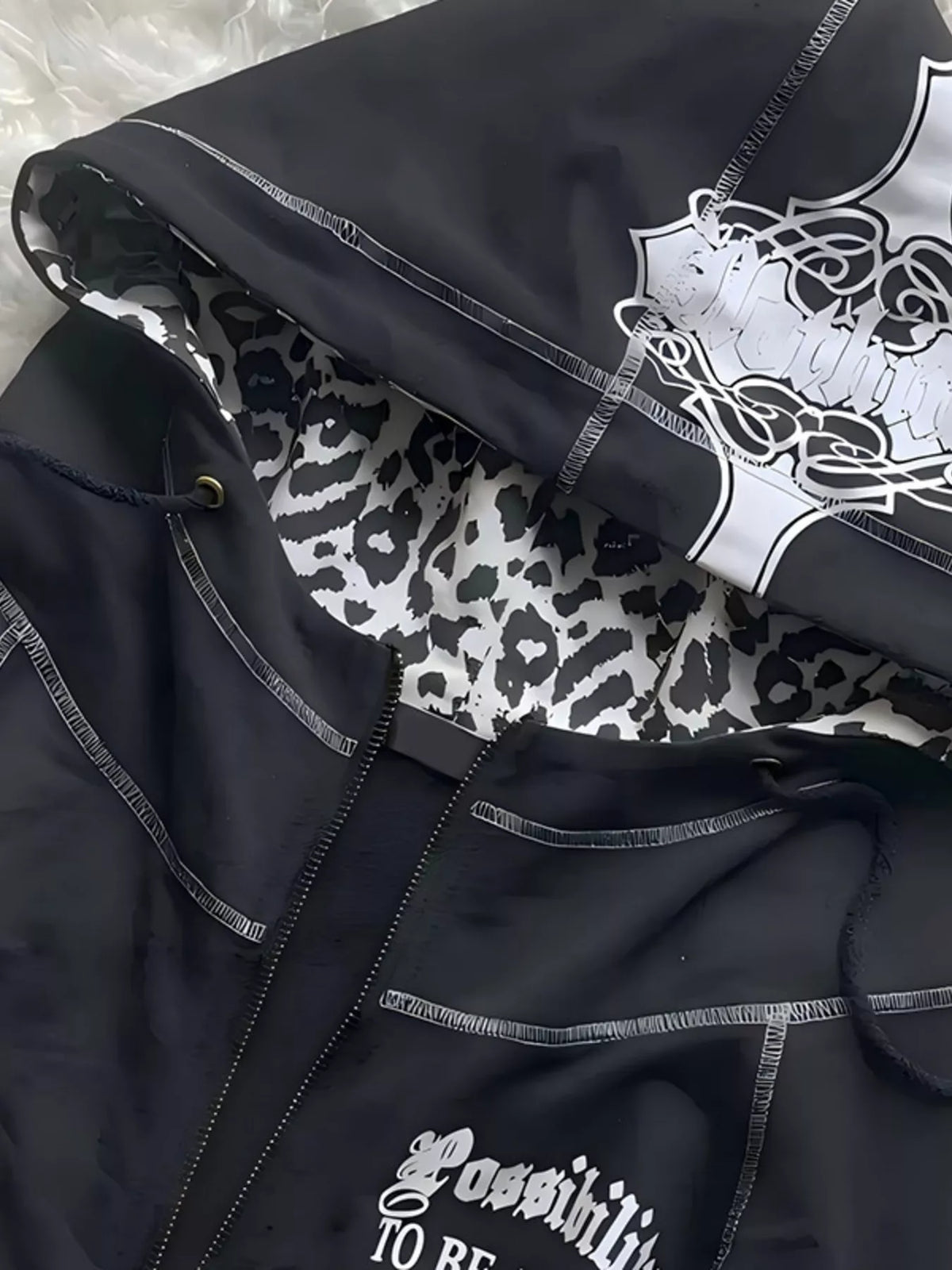 Gothic Cross Leopard Lined Zip-Up Hoodie – Seraya Label Halloween Edit