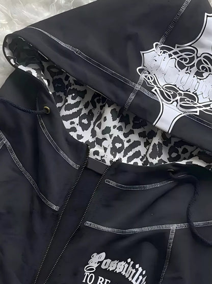Gothic Cross Leopard Lined Zip-Up Hoodie – Seraya Label Halloween Edit