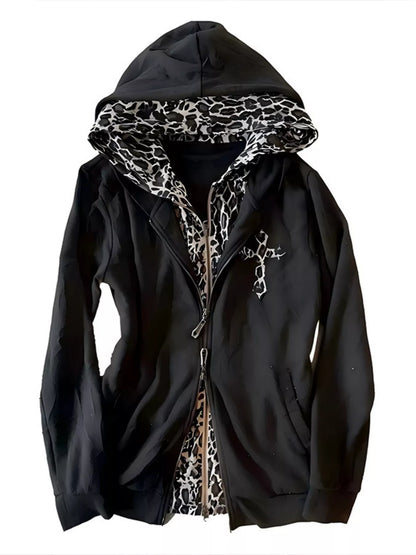 Gothic Cross Leopard Lined Zip-Up Hoodie – Seraya Label Halloween Edit