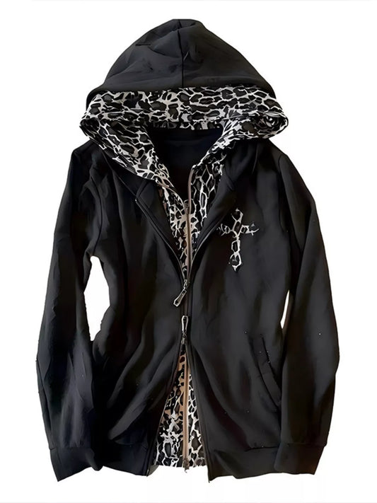 Gothic Cross Leopard Lined Zip-Up Hoodie – Seraya Label Halloween Edit