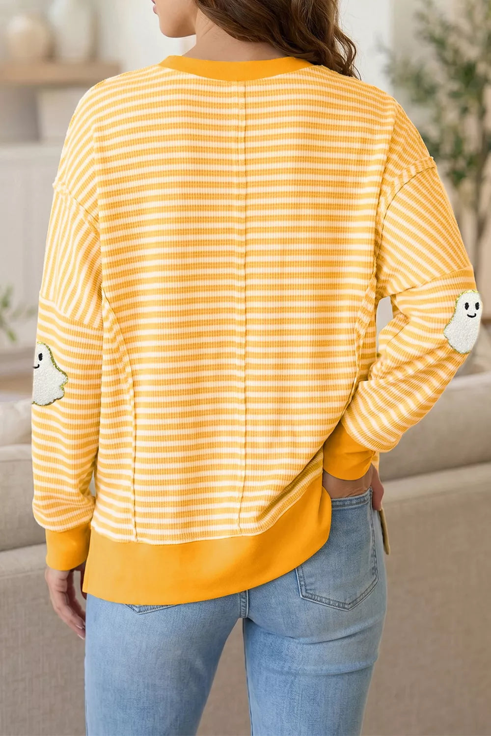 Stripe Halloween Ghost Patch Round Neck Long Sleeve Top – Seraya Label Halloween Edit
