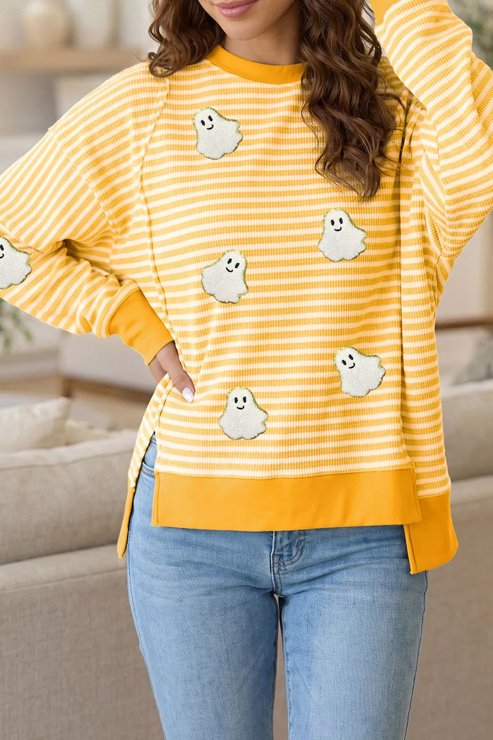 Stripe Halloween Ghost Patch Round Neck Long Sleeve Top – Seraya Label Halloween Edit