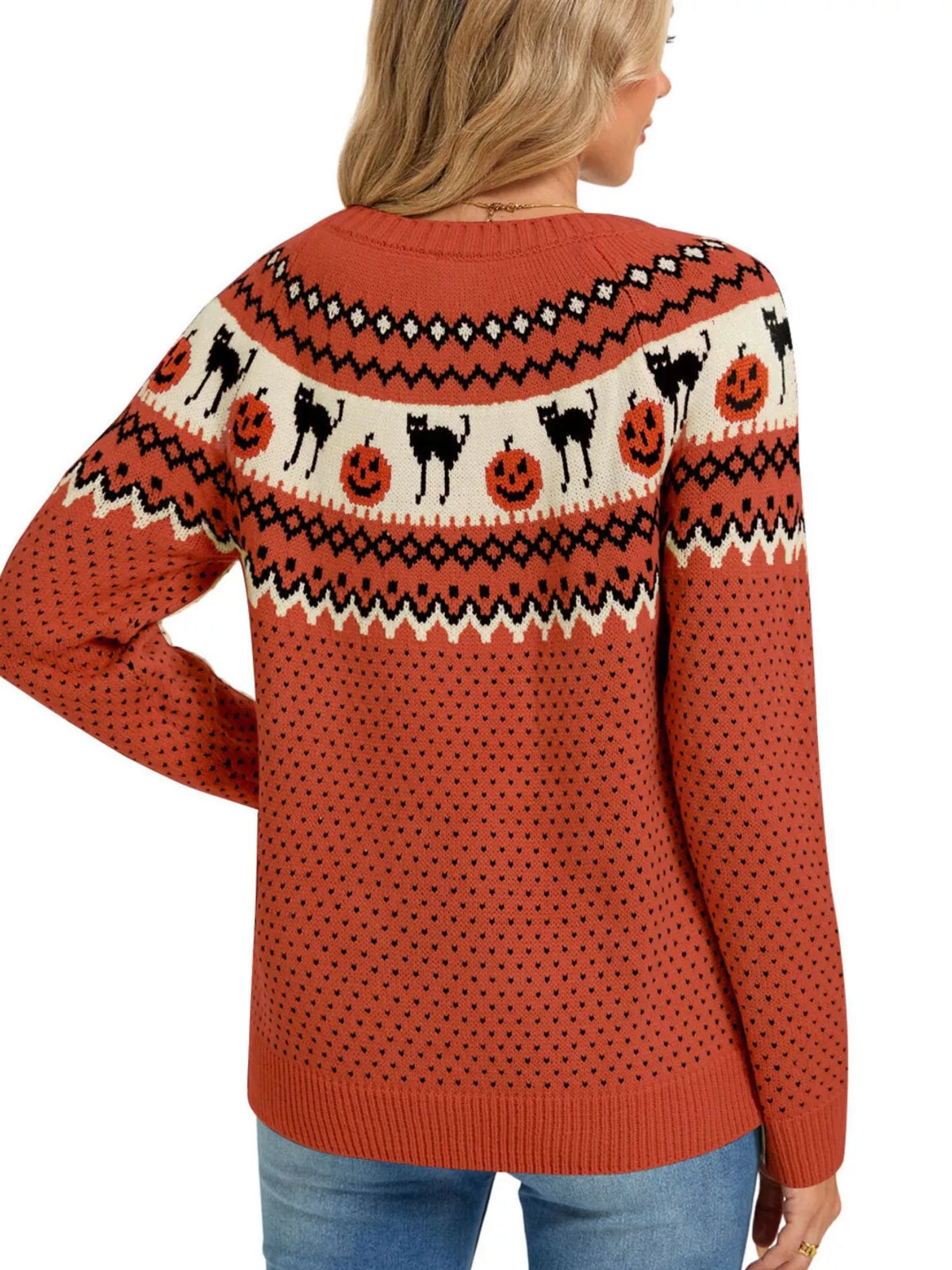 Halloween Pumpkin and Cat Pattern Knit Round Neck Sweater – Seraya Label Halloween Edit